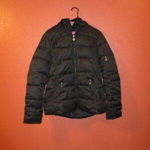 Betsey Johnson Woman Large Black Pink Full Zip Pockets Faux Fur Warm Hood Coat